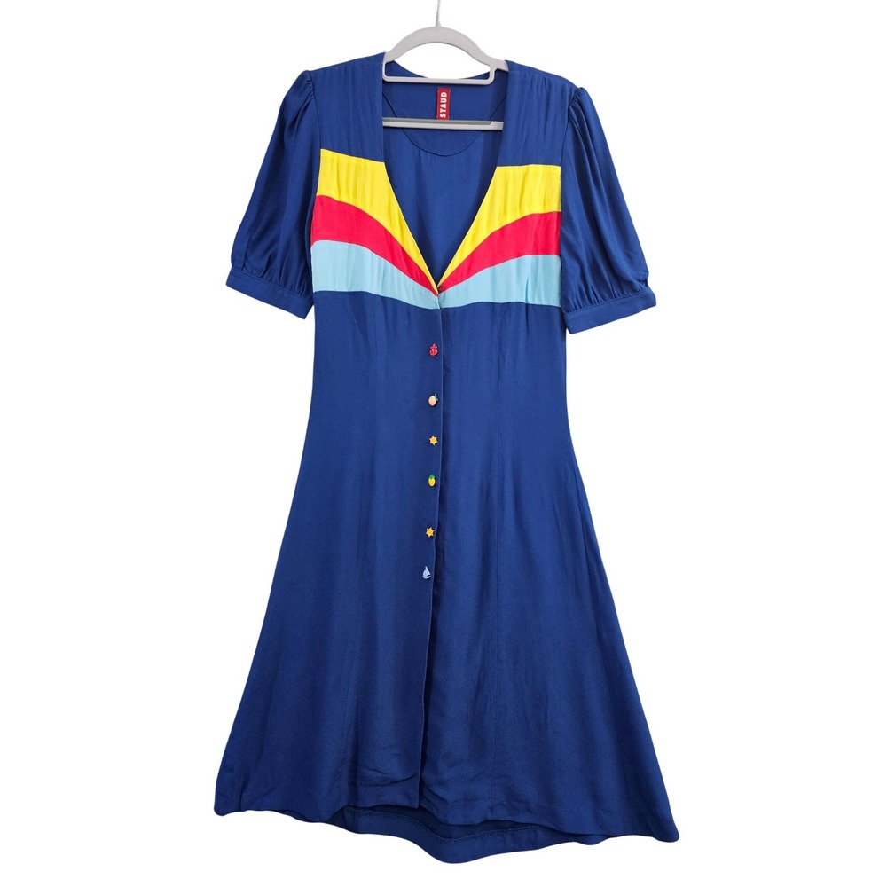 STAUD Blue Rainbow Colorblock Midi Dress Novelty Buttons XS